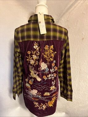 paparazzi Plum Velvet Embroidered Plaid Button-Down Shirt